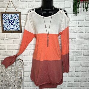 New York & Company Striped Oversized Exposed Shoulder Knit Tunic Sweater Large